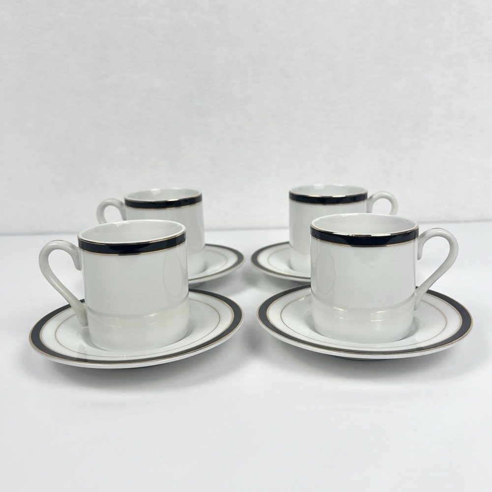 1994 Royal Gallery Macy’s Demitasse Cups Saucers Set of 4 Japan Black Gold w Box